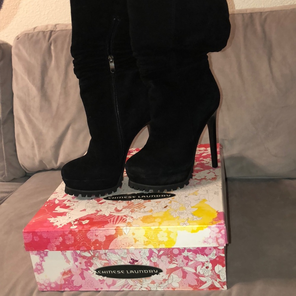 Chinese Laundry Black Suede Knee High Boots.
